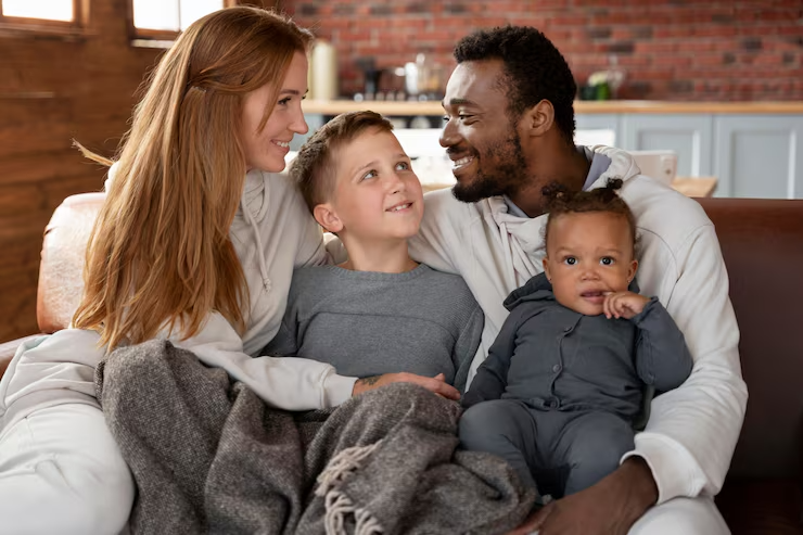 Medium shot happy family sitting couch 23 2149141898